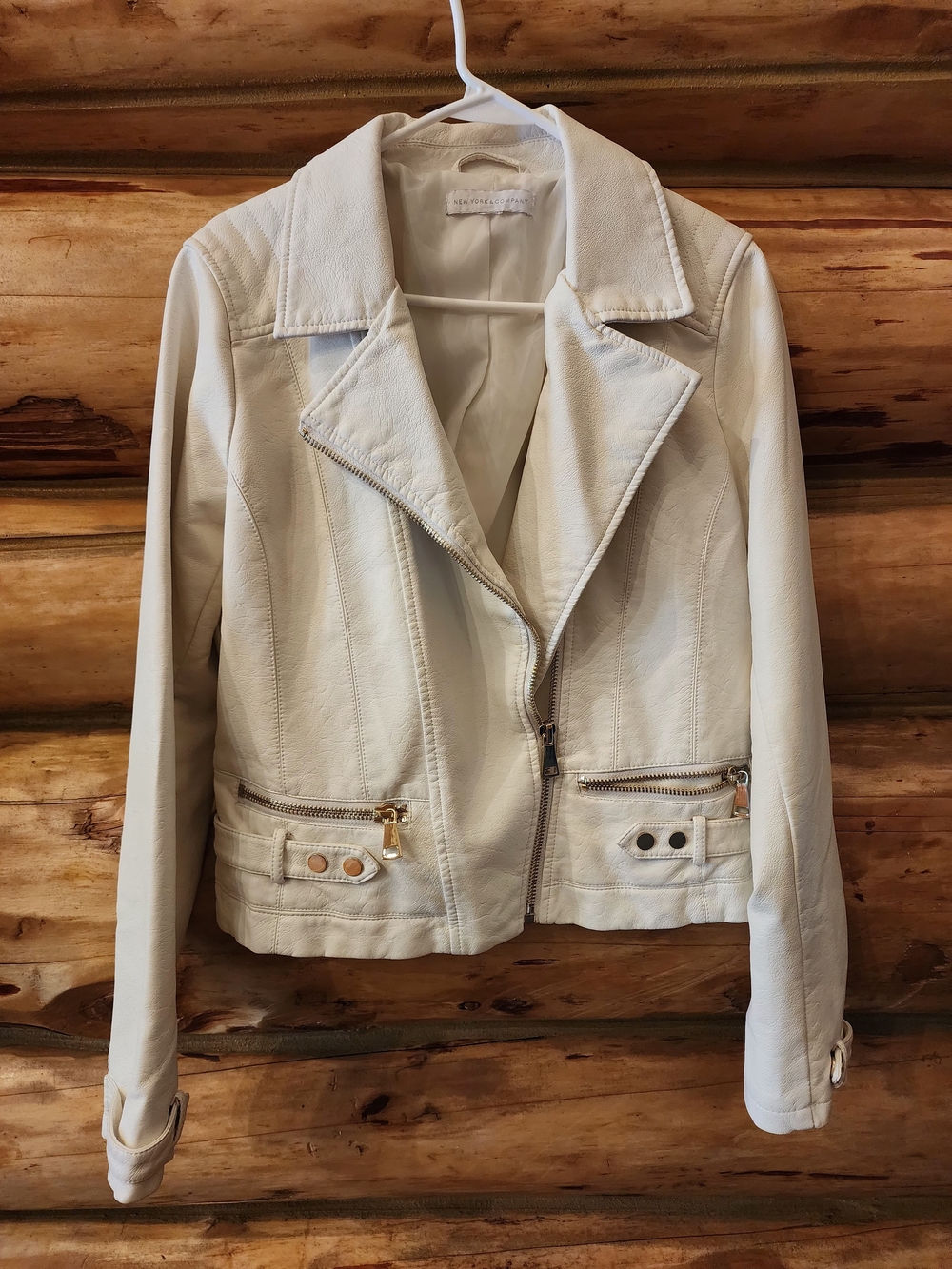 Faux Leather Moto Jacket in White with Silver Hardware